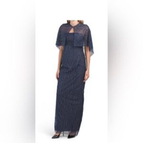 Marchesa Notte navy blue sequin embellished column cape gown dress size 4 - Picture 3 of 11